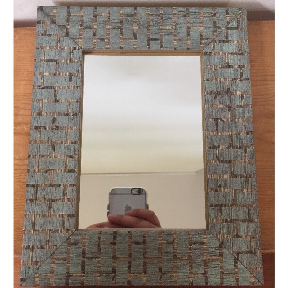 Vintage Rectangular Table Top Framed Mirror Gold Wooden Frame Blue Accents 8x10